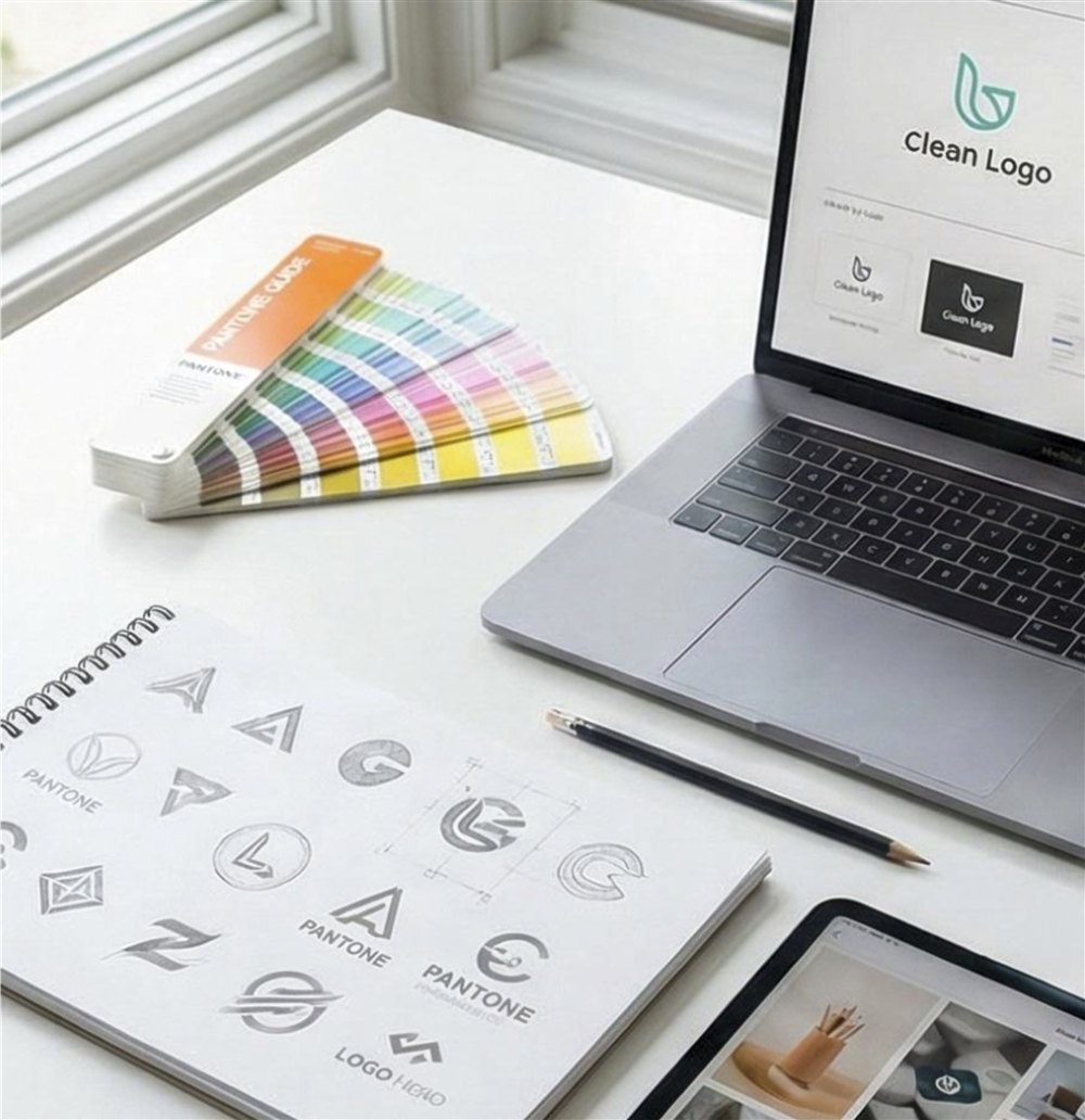 Brand identity planning: logo sketches, Pantone swatches, and style guide